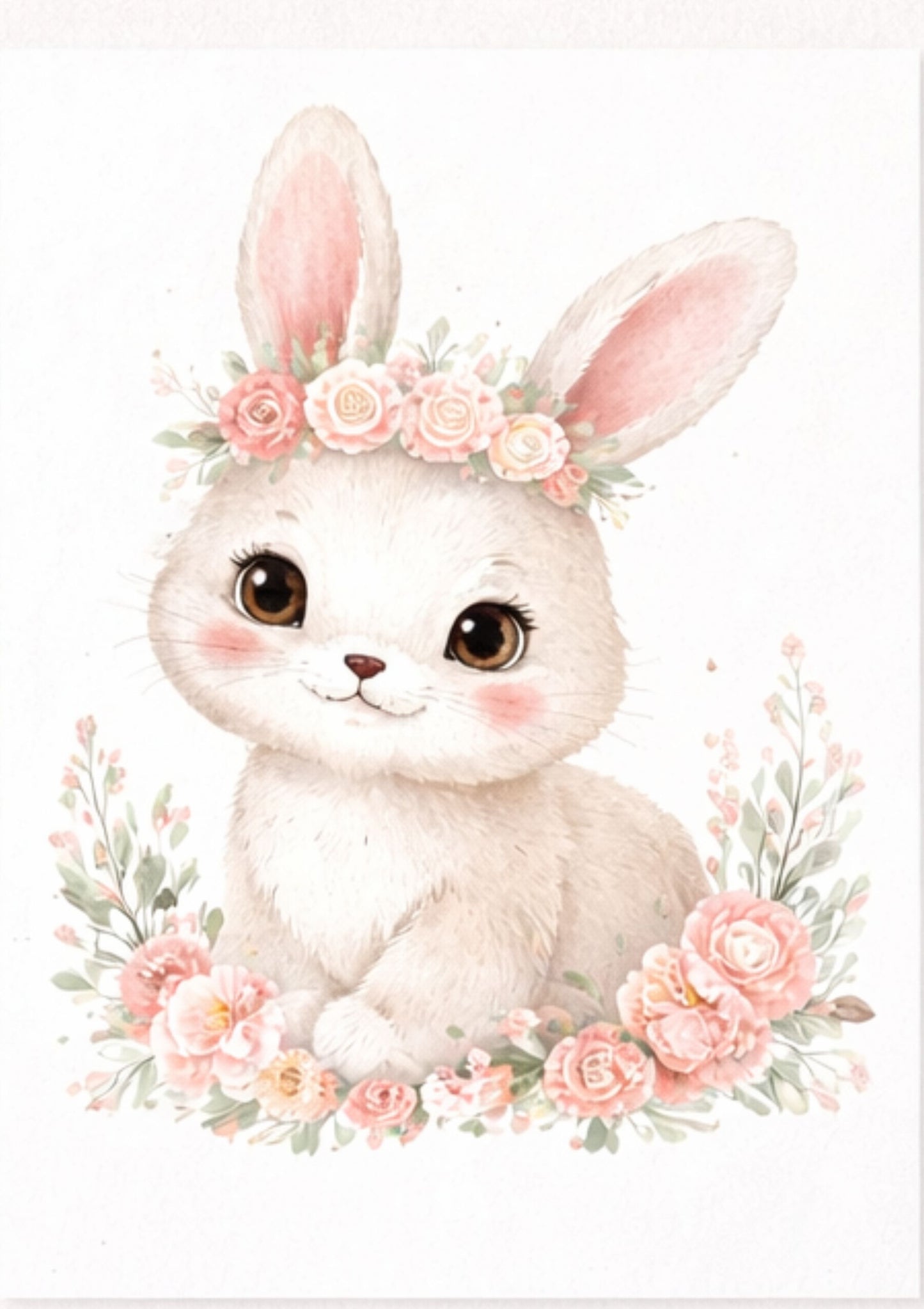 Cute cartoon bunny with a flower crown surrounded by pink flowers on a white background