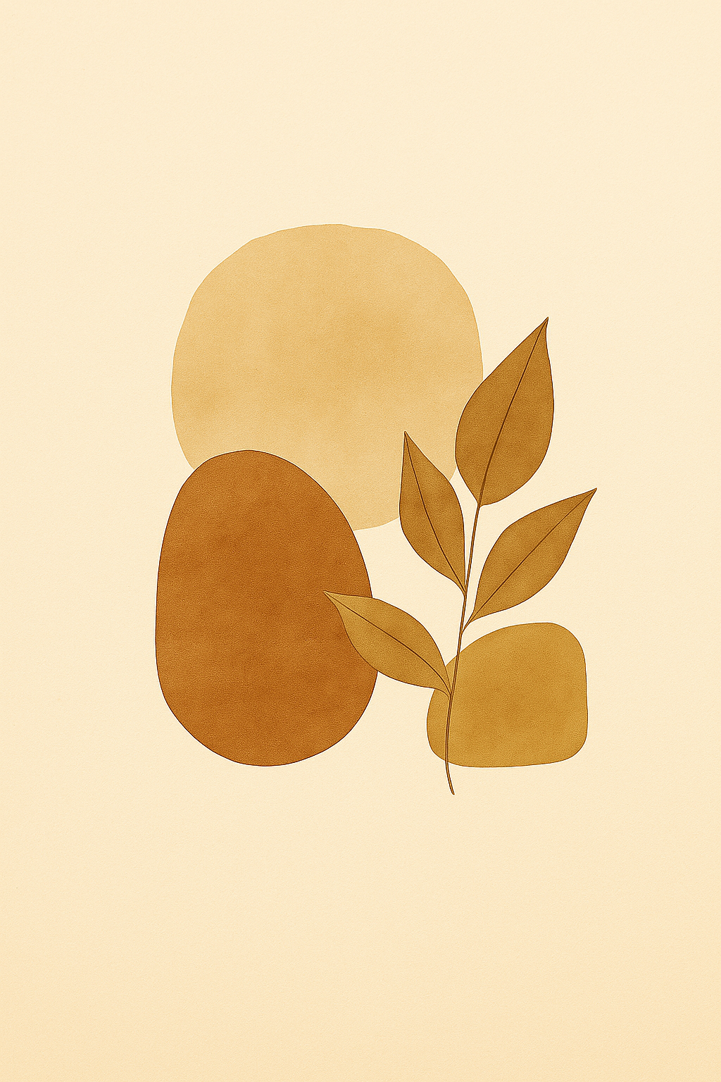 Boho digital art print featuring warm neutral abstract shapes and a minimal leafy botanical illustration on a beige background.