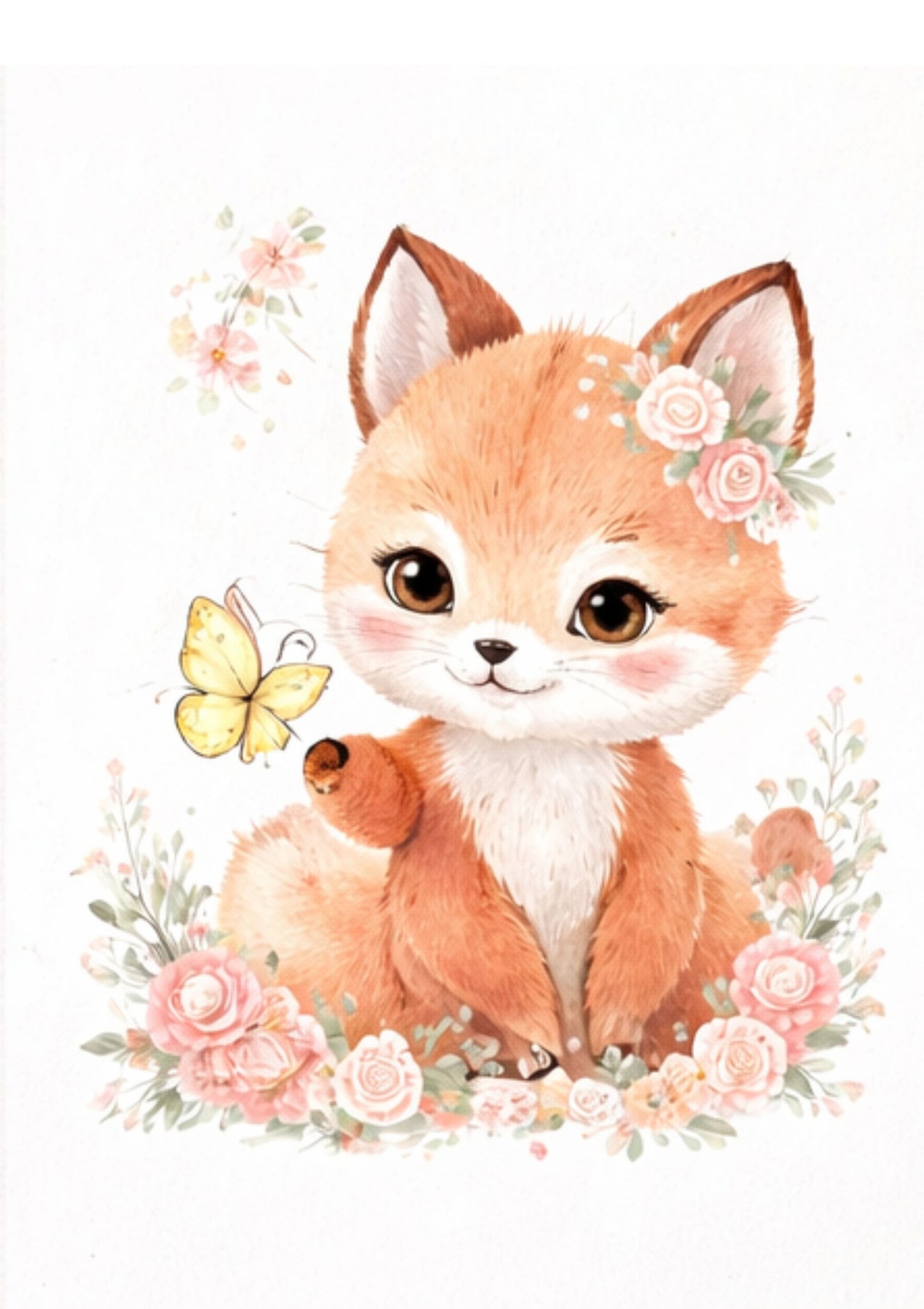 Illustration of a cute fox surrounded by flowers and a butterfly on a white background