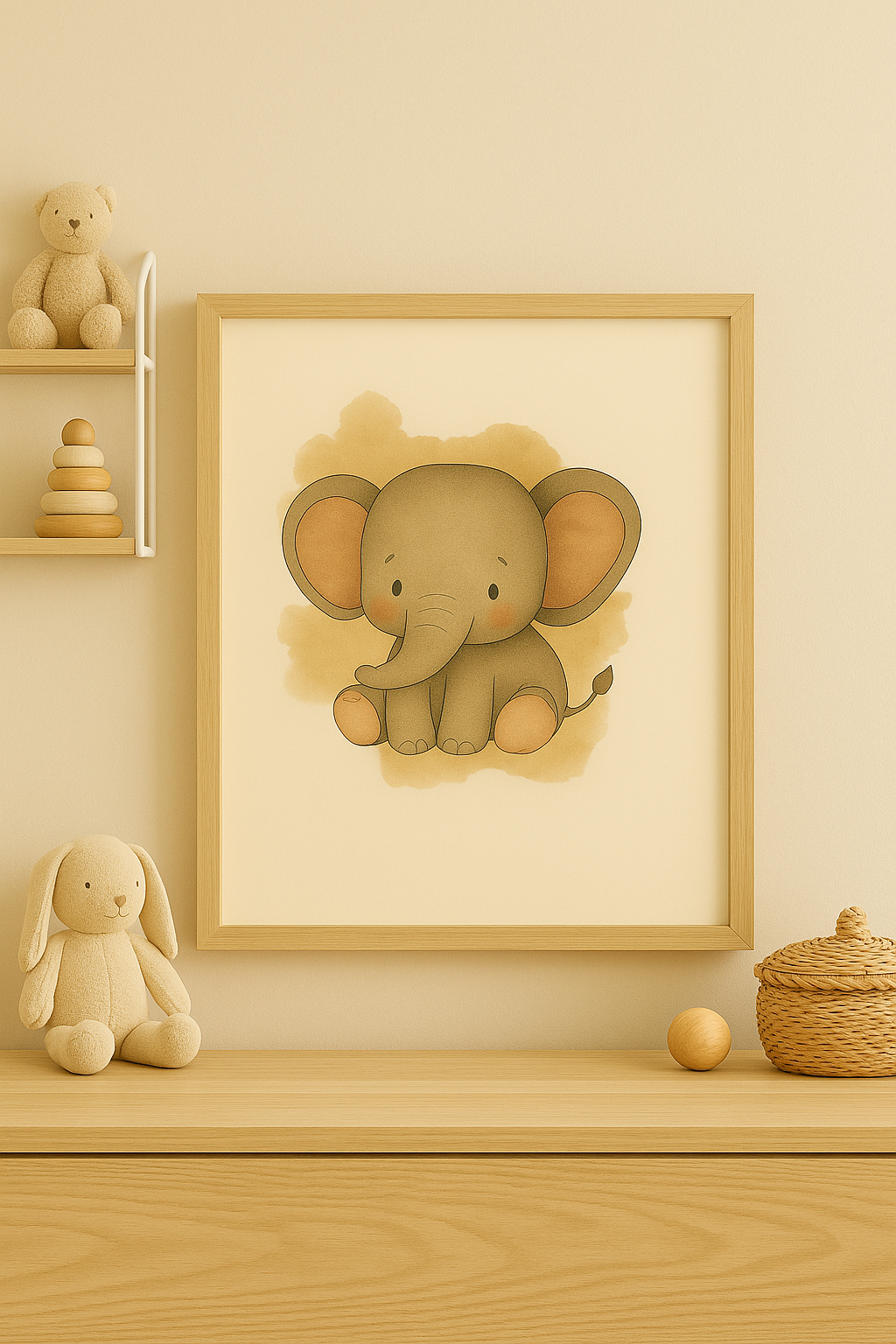 Cute boho baby elephant illustration with warm neutral tones and a soft watercolor background