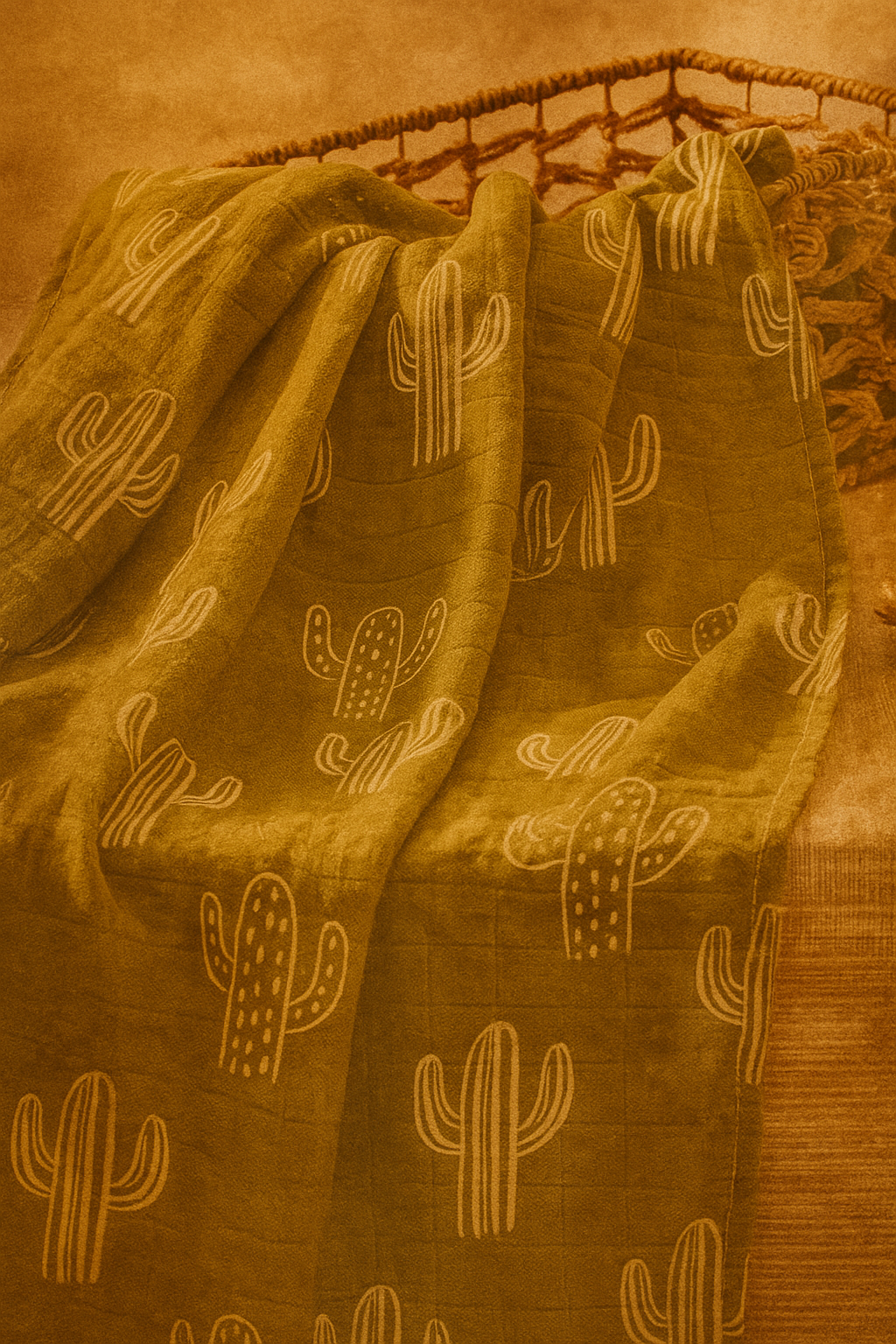 green cactus muslin baby swaddle on beach