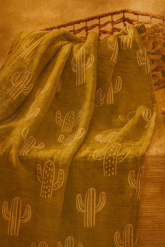 green cactus muslin baby swaddle on beach