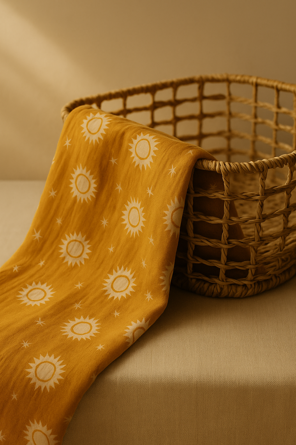 mustard boho sun muslin swaddle draped over woven basket