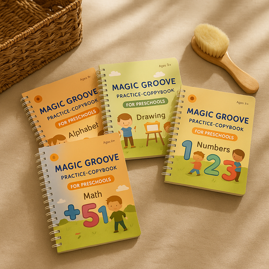 Four Magic Groove preschool practice copybooks for alphabet, numbers, math, and drawing displayed on a neutral beige background with a woven basket and wooden brush