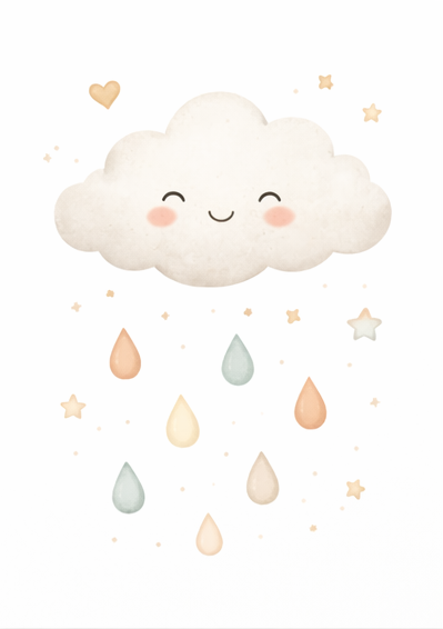 Neutral cloud nursery wall art with pastel raindrops, smiling cloud printable baby room decor