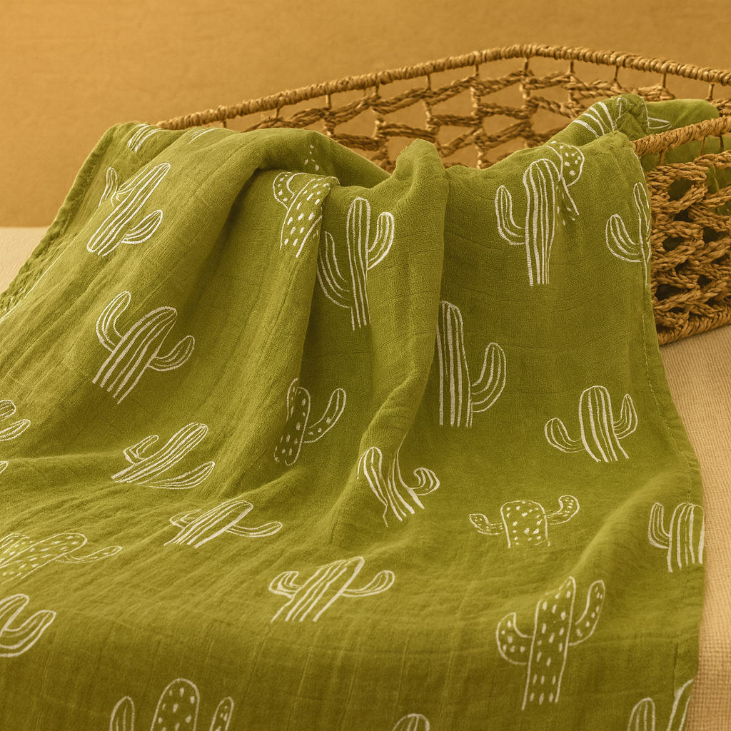 Olive green boho muslin baby swaddle with white cactus print draped over a woven basket in a warm neutral setting.