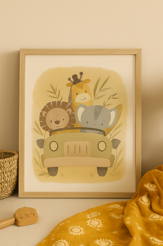 Boho safari-themed nursery print featuring a lion, elephant, and giraffe riding in a jeep with neutral botanical accents.
