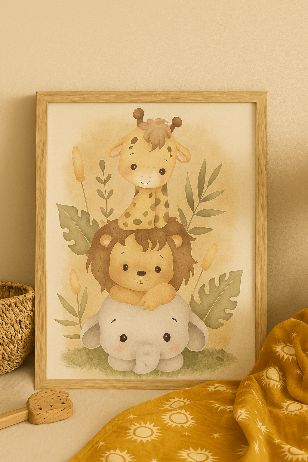 Boho safari nursery print with a cute giraffe, lion, and elephant stacked together in warm neutral watercolor tones.
