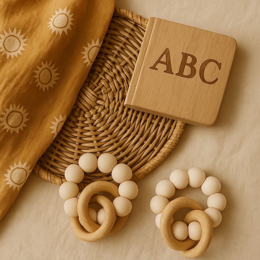 Neutral boho baby teether made of cream silicone beads and natural wood rings styled on woven mats with baby accessories