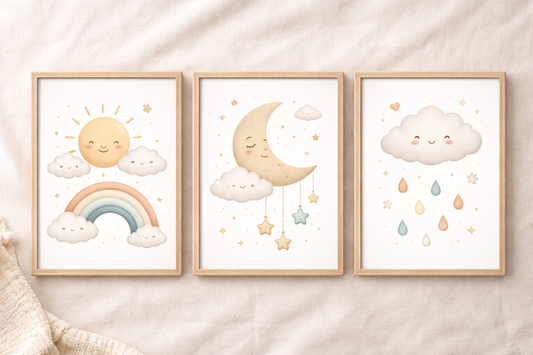 Neutral nursery wall art set of 3 featuring sun, moon and cloud printable baby room decor