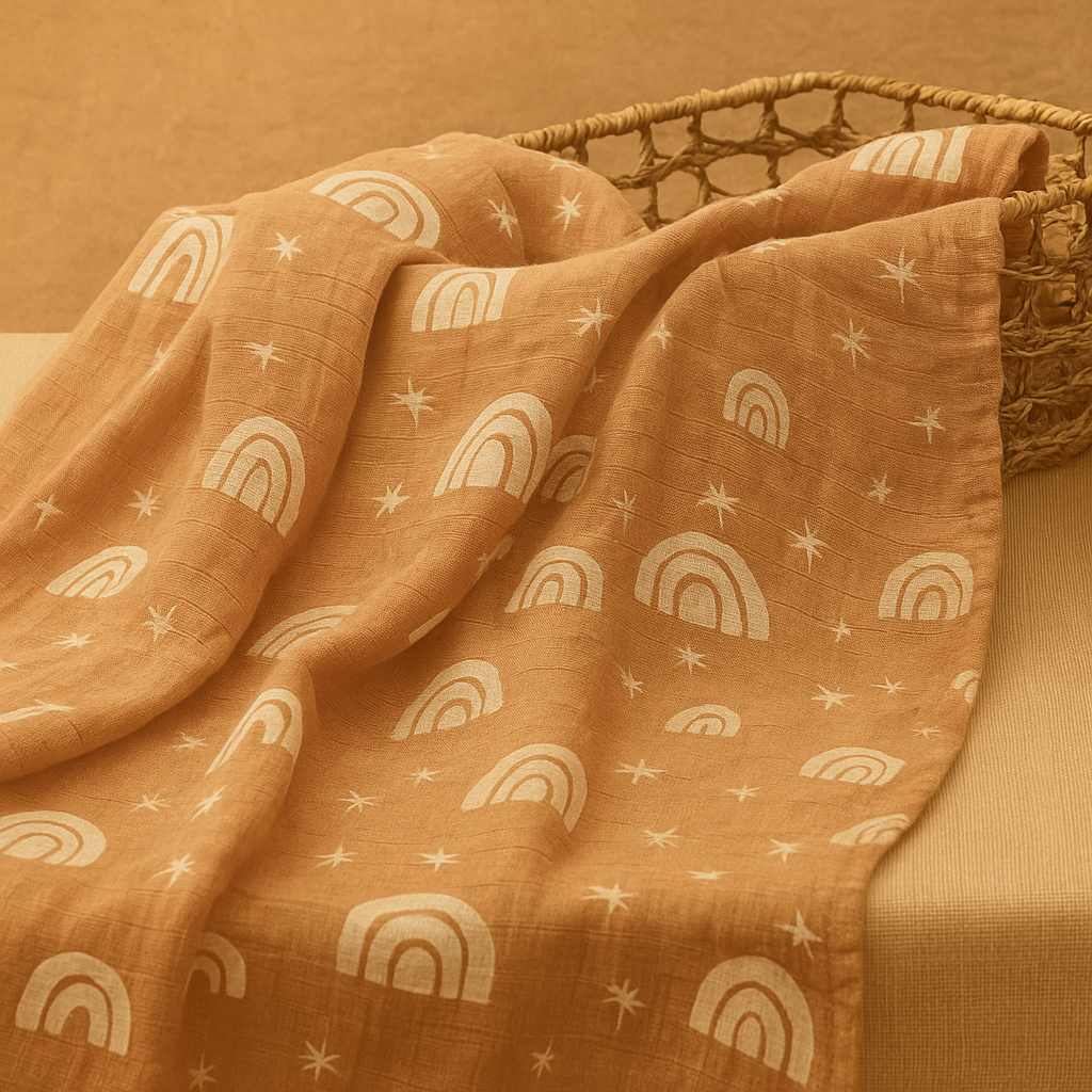 boho rainbow muslin swaddle draped in basket