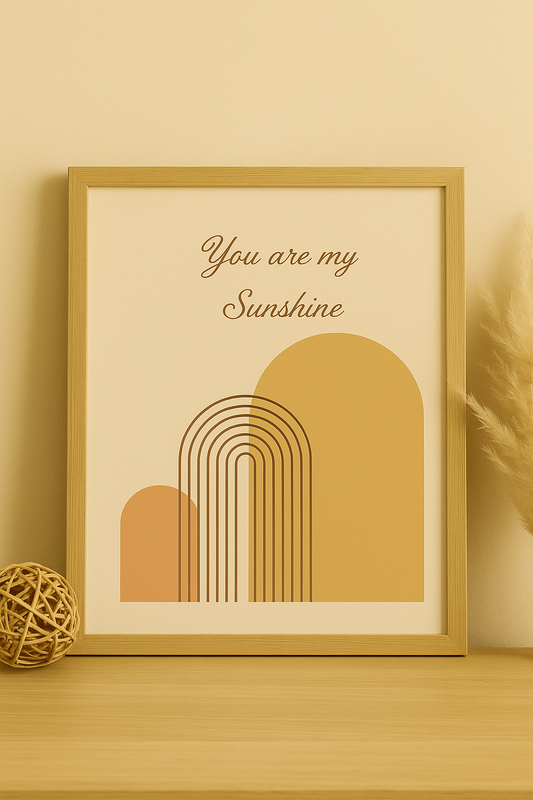 Minimal boho wall art with warm neutral rainbow arches and the text “You are my Sunshine” on a beige background.