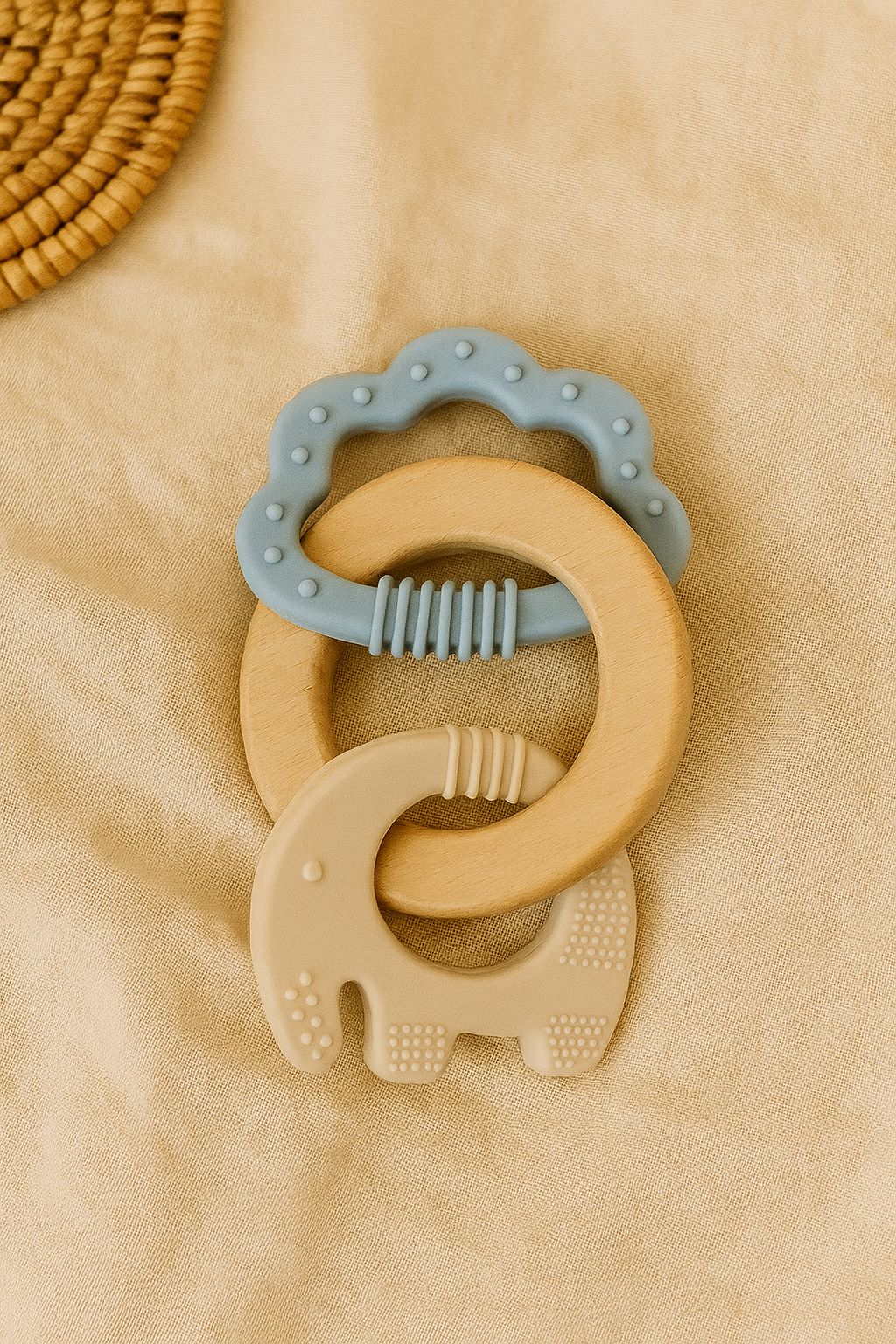 Blue cloud silicone and natural beechwood baby teether set with elephant silicone teether on a beige boho fabric background.