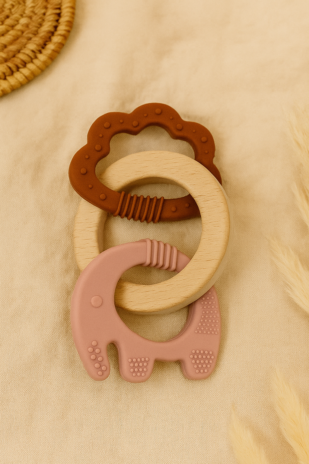Blush and burgendy silicone baby teether with cloud and elephant shapes attached to a natural beechwood ring on a neutral boho fabric.