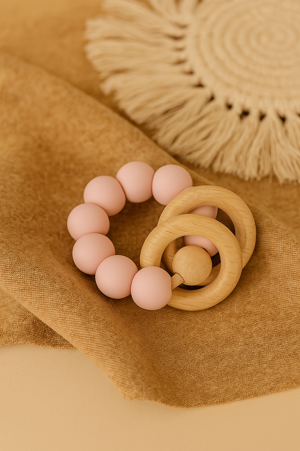Blush pink silicone beaded teether with natural beechwood rattle rings on a warm beige boho fabric.