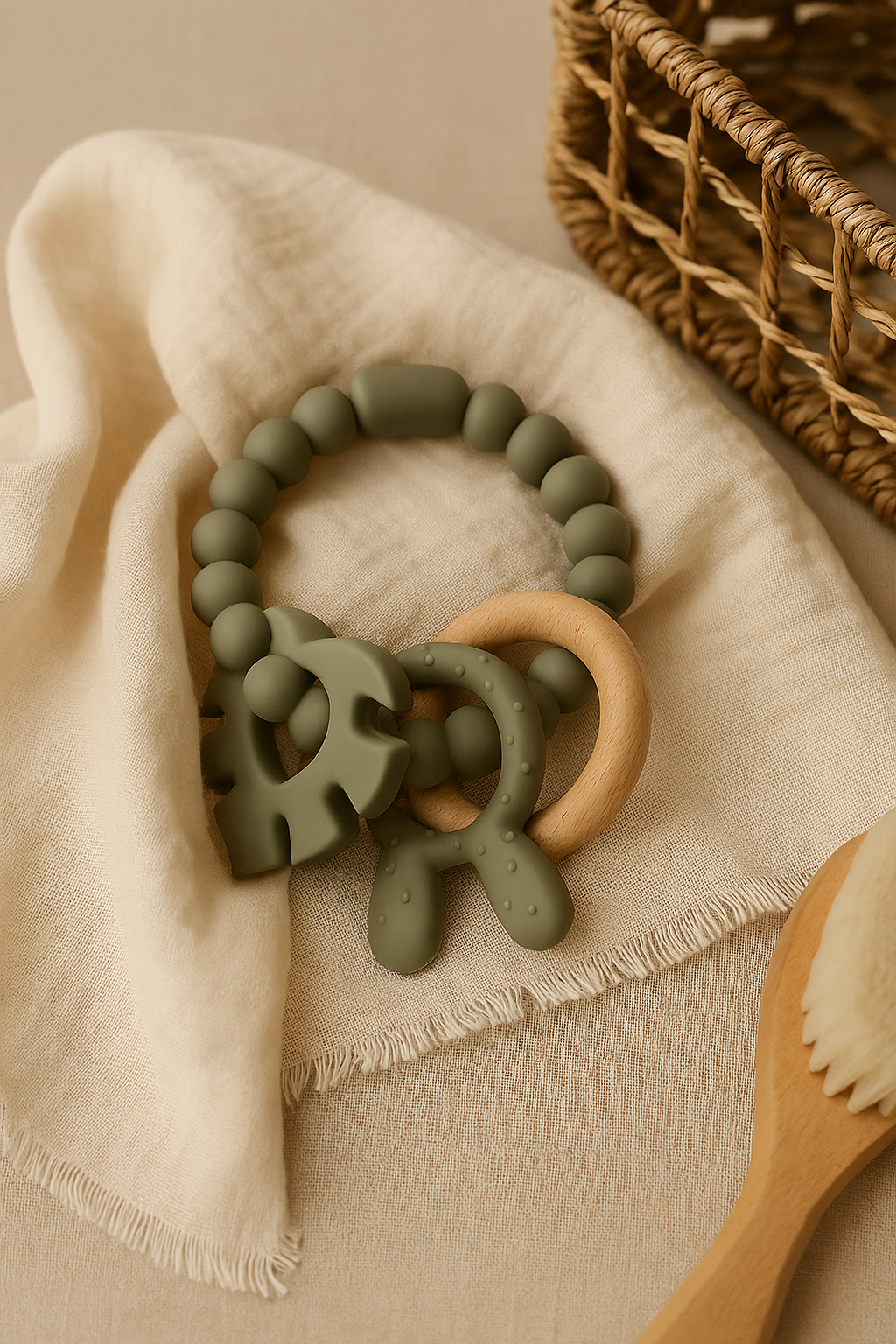 Olive green silicone and beechwood baby teether with leaf and bunny shapes resting on a soft neutral fabric.