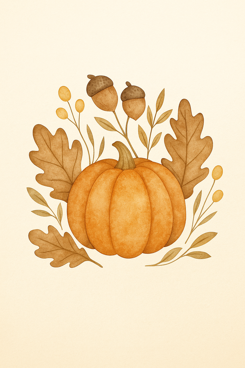 Boho autumn digital print featuring a pumpkin, acorns, and warm neutral botanical leaves on a beige background.